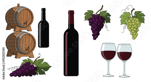 Comprehensive collection of wine elements including red wine bottles glasses wooden barrels and bunches of grapes.