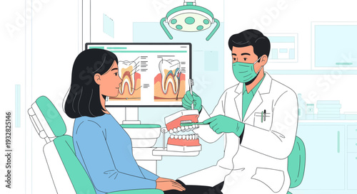 Dentist Explaining Dental Health To Patient Using Model.