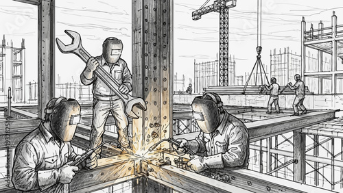 Construction workers welding steel beams on a high-rise building site illustration
