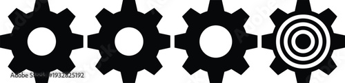 Gear Icon Set with Industrial Cogwheel Symbols and Target Center Design Black Silhouette Vector Collection Isolated on White Background