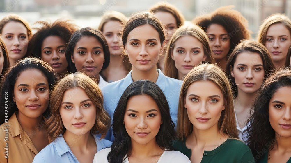 Obraz premium A diverse group of women in casual clothing stand together outdoors, looking forward with confident expressions. Diverse professional women in casual attire pose in urban outdoor setting.