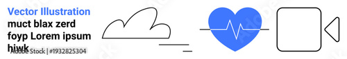 Technology, cloud services, health monitoring, video communication, data storage, multimedia. Minimalist cloud, heartbeat and video icons on a plain background. Cloud services and health monitoring