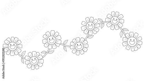 Cheerful daisy chain line art with smiling faces.