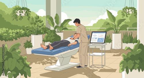 Doctor examining patient on medical bed with technology.