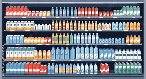Grocery store refrigerator shelves neatly stocked with various juices milk bottles and bottled water products.