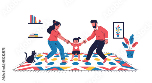 Happy parents playing a game with their young daughter on a colorful patterned rug in a cozy living room with a cat.