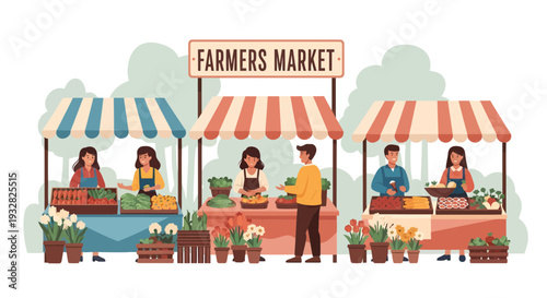Farmers Market Stalls with Vendors and Customers.