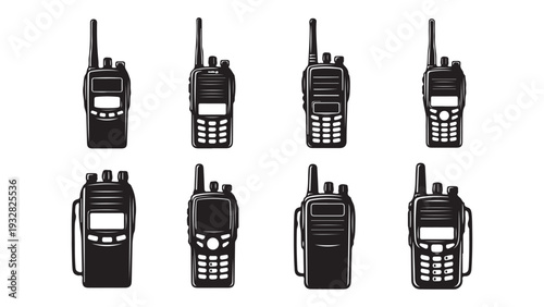 Set of various walkie talkie radios in black and white