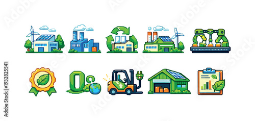 Eco-friendly, renewable energy icon set. Sustainable solutions in flat style icons