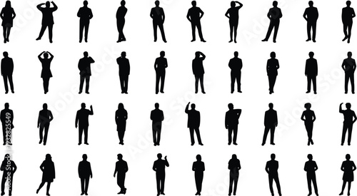 Business People Silhouette Set with Men and Women in Various Professional Standing Poses Isolated on White Background Corporate Vector Collection