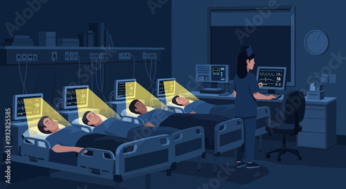 Intensive Care Unit Patients Monitored by Nurse at Night.