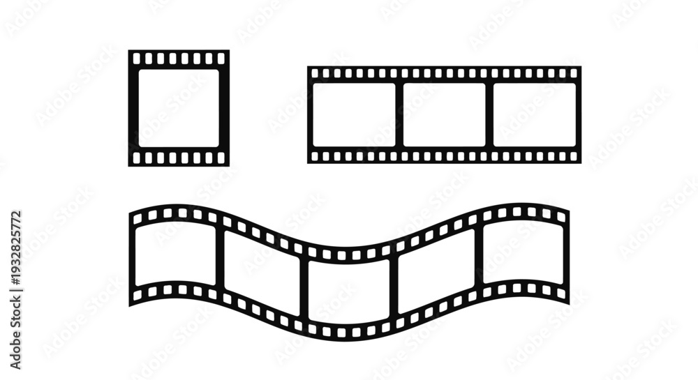 Fototapeta premium Collection of isolated black and white vector graphic illustrations representing various forms of vintage film strips for cinema design concepts