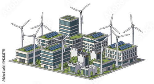 Eco-friendly smart city with wind turbines and solar panels, sustainable urban development concept.