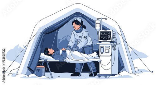 Nurse Cares For Patient In A Medical Tent During Winter.