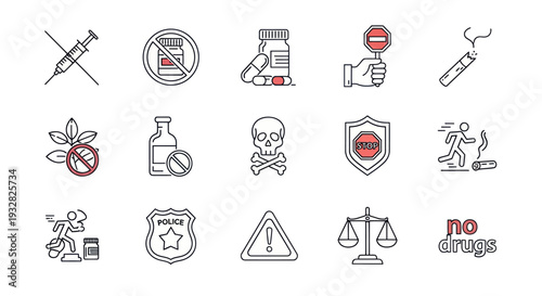 Anti-drug icons set: syringe, pills, smoking, skull, police, no drugs concept