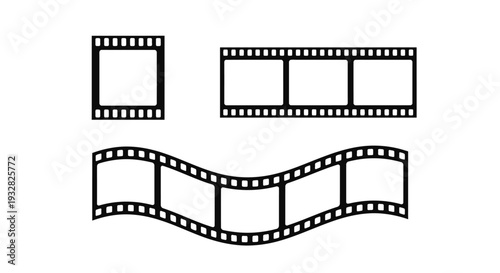 Collection of isolated black and white vector graphic illustrations representing various forms of vintage film strips for cinema design concepts