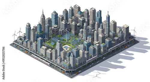 Isometric eco-friendly city with skyscrapers, solar panels, wind turbines, and green park