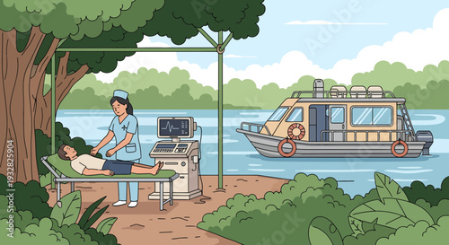 Nurse performing medical examination on patient outdoors near river.