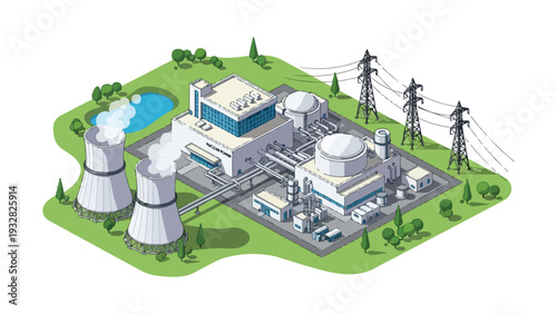 Isometric nuclear power plant with cooling towers and turbines