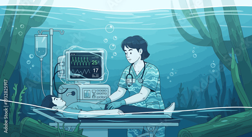 Nurse tending to patient with medical equipment underwater.