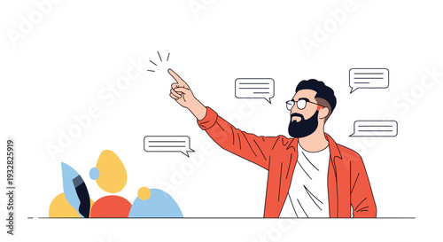 Professional man with a beard and glasses pointing upwards while surrounded by several empty speech bubble icons.