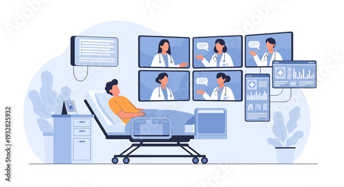 Patient consulting with doctors via video conference in hospital room.