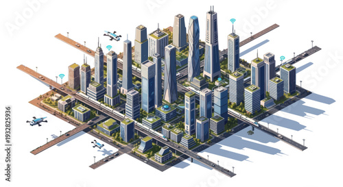 Futuristic Smart City Skyline with Drones and Green Architecture