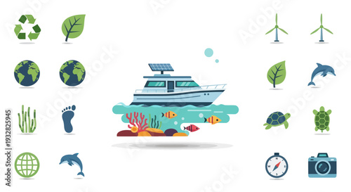 Eco-friendly yachting, renewable energy, marine life, and nature icons