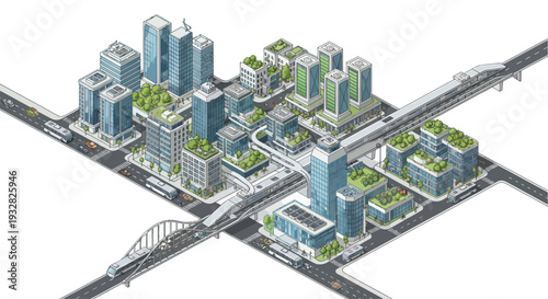 Isometric Pixel Art Cityscape with Green Buildings and Transportation