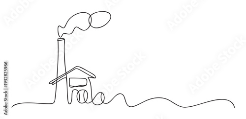 Continuous line drawing depicting a factory building with a smoking chimney next to a small house, symbolizing industrial production and environmental concerns for modern presentations and