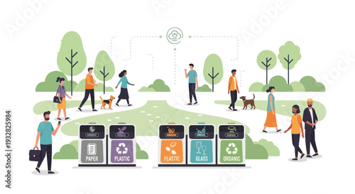 People walking in park with recycling bins for waste separation and sustainability concept
