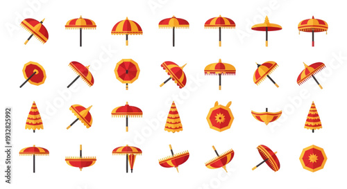 Collection of Decorative Indian Umbrellas, Traditional Parasols in Red and Yellow