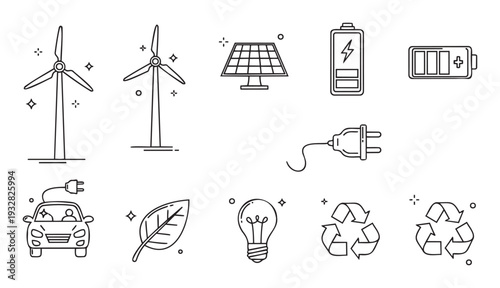 Comprehensive collection of line icons representing green energy and environmental sustainability, featuring wind turbines, solar panels, and electric vehicles for ecological projects and