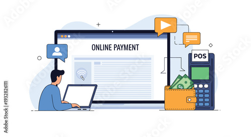 Young man sitting at his desk using a laptop for an online payment transaction with a large screen, digital wallet, and POS terminal icons.