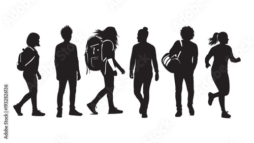 Silhouette of kids walking with backpacks and sports gear