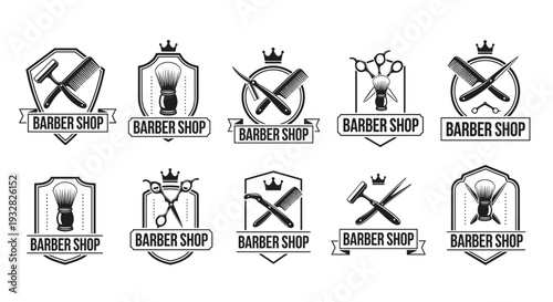 Collection of ten vintage style barber shop logos featuring classic tools like scissors, combs, straight razors, and shaving brushes.