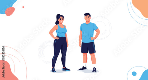 Fit young man and woman posing confidently in modern athletic sportswear against a clean background with abstract shapes for fitness concept.