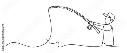 Minimalist continuous line drawing of a person engaged in fishing, holding a rod and reel with the line in the water, perfect for outdoor hobby guides, sport promotions, or leisure activity