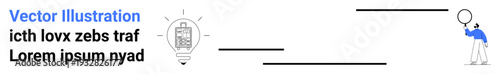 Light bulb symbolizing ideas connected by lines to a person inspecting with a magnifying glass. Ideal for innovation, research, brainstorming, focus, analysis, discovery, simple landing page