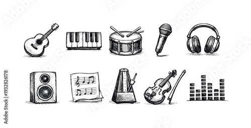 Music silhouette icon set. Instruments and sound icons in artistic silhouette style