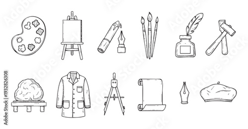 Collection of various creative tools for painting, sculpting, writing, and drafting suitable for educational materials or creative industry promotions