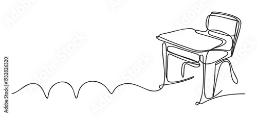 A minimalist single line drawing of a student desk and chair creating a modern simple educational concept for learning institutions back to school promotions and university advertising.
