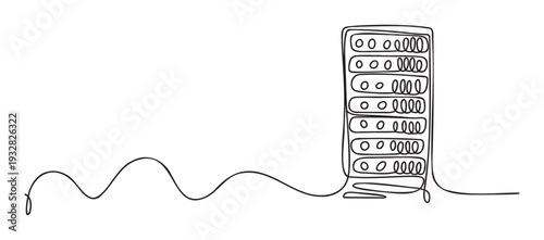 Single continuous line drawing illustrating a data center server rack with an incoming wavy network connection, suitable for demonstrating digital information processing and cloud computing.
