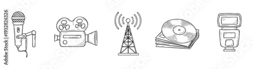 Hand drawn media and communication icons featuring a microphone, film camera, radio tower, vinyl records, and camera flash, perfect for multimedia content and entertainment projects.