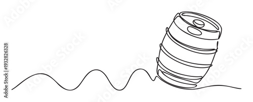 Minimalist continuous line drawing of a refreshing beverage can resting on a dynamic wavy surface, perfect for modern product packaging, advertising campaigns, and contemporary lifestyle