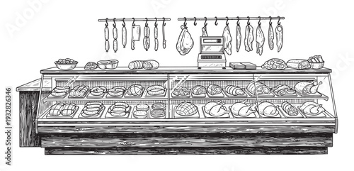 A well stocked butcher shop deli counter presenting an abundant variety of fresh meat products, including many sausages, whole chickens, and prepared roasts, suitable for food marketing and