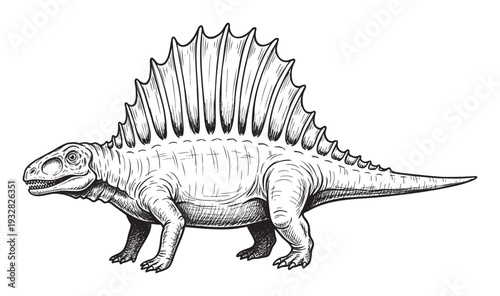 Detailed black and white sketch of a prehistoric Dimetrodon with a distinctive dorsal sail, ideal for educational textbooks, natural history presentations, and vintagestyle scientific