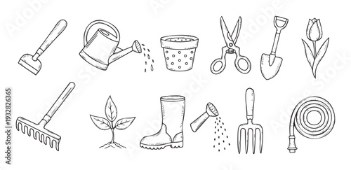 Collection of handdrawn gardening tools and plant elements, featuring a watering can, shovel, rake, flower pot, and seedling, ideal for spring projects, outdoor hobby resources, and home