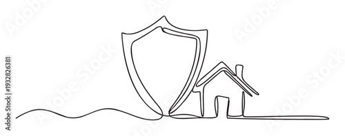 Minimalist one line graphic symbolizing property safety through a strong shield protecting a house, perfect for financial services marketing and home insurance brochures