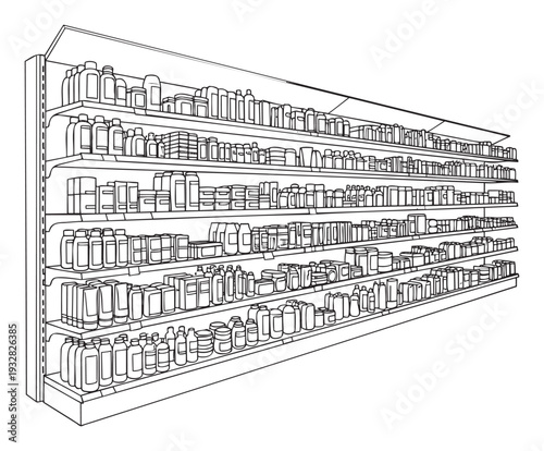 Supermarket shelf perspective showing various product items on multiple retail store levels perfect for illustrating shopping environments, consumer goods, and retail industry concepts